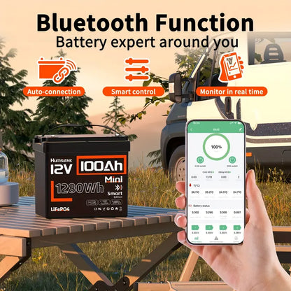 Humsienk 12V 100Ah Mini LiFePO4 Battery with Bluetooth