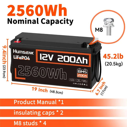 Humsienk 12V 200Ah LiFePO4 Lithium Battery